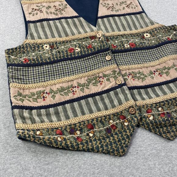 VTG Paul Harris Floral Embroidered Vest Womens M Patchwork Stripe Boho Cottage - Picture 6 of 11